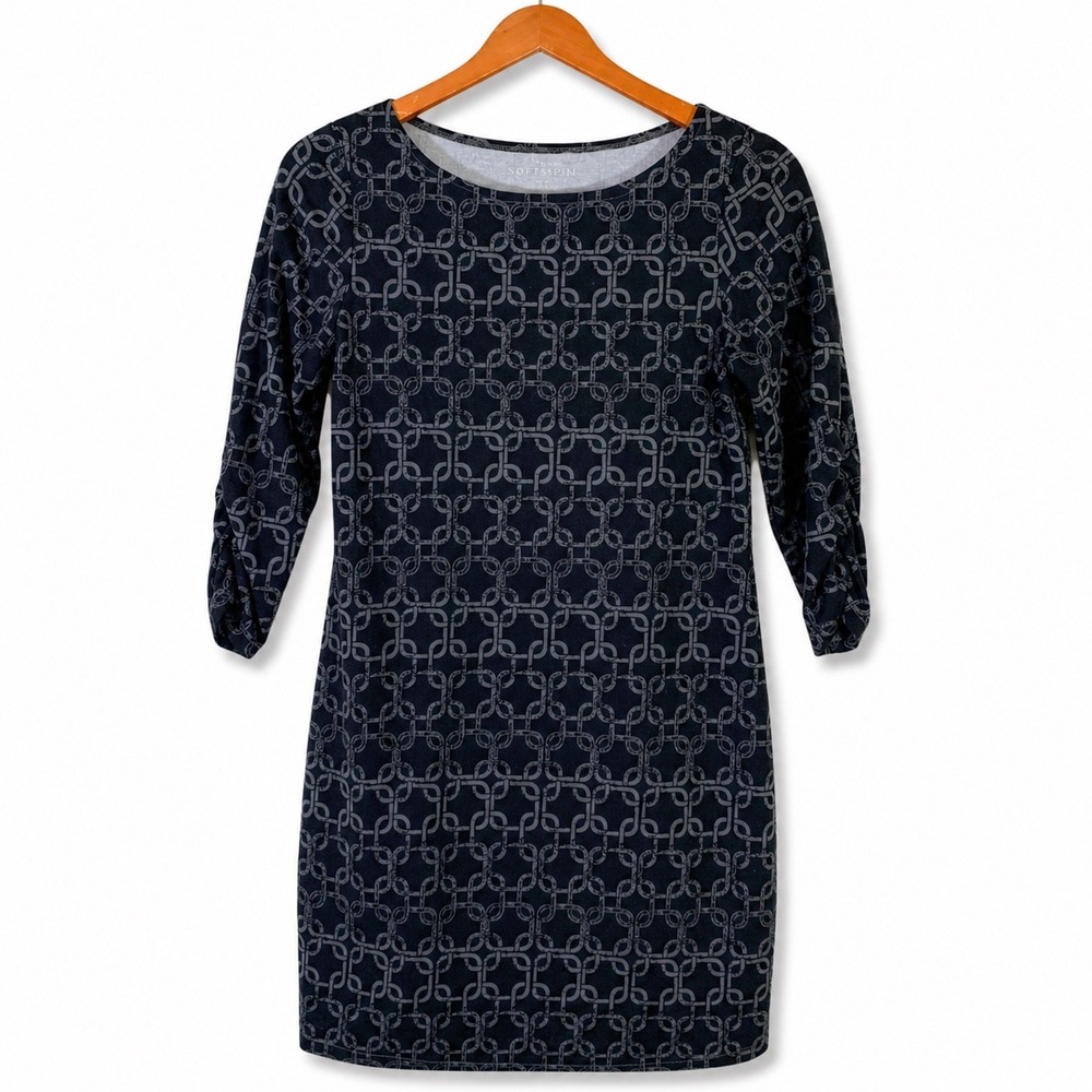 Soybu Softspin Womens Black Gray Geometric Chain‎ Link Ruched 3/4 Sleeve Dress S